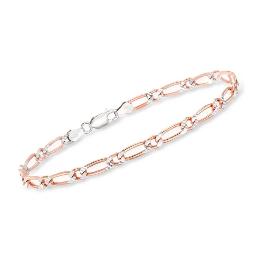 Ross Simons Diamond Cut Sterling Silver Rose Gold Figaro Bracelet - Picture 3 of 7